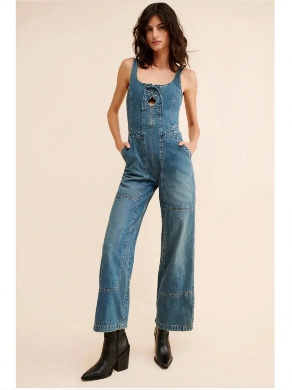 Free People x We The Free Amina Denim Wide Leg & Lace-Up Jumpsuit
